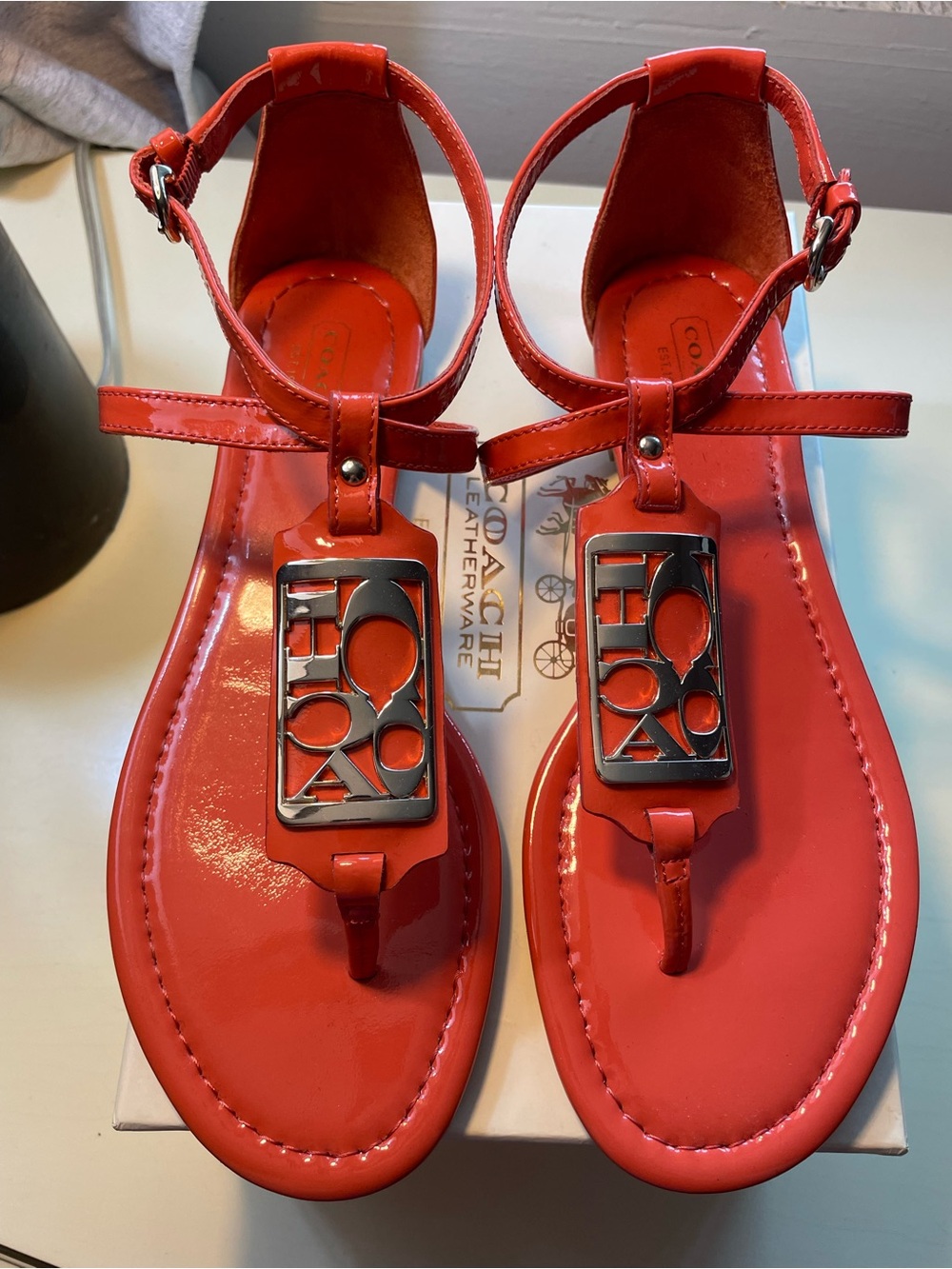 Coach Women's Coral Patent Leather T-Strap Sandals